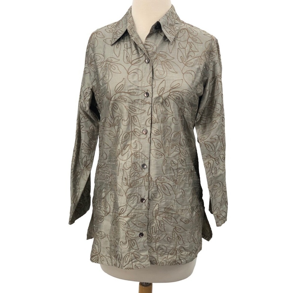Chico's LS Button Front Silk Tunic/Shirt Gray Brown Embroidered Floral Size 0/Sm